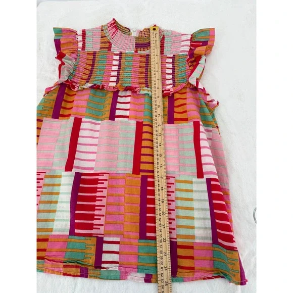 THML Smocked Ruffle Top Womens Medium Multicolor Geometric Patchwork Sleeveless - Picture 6 of 9